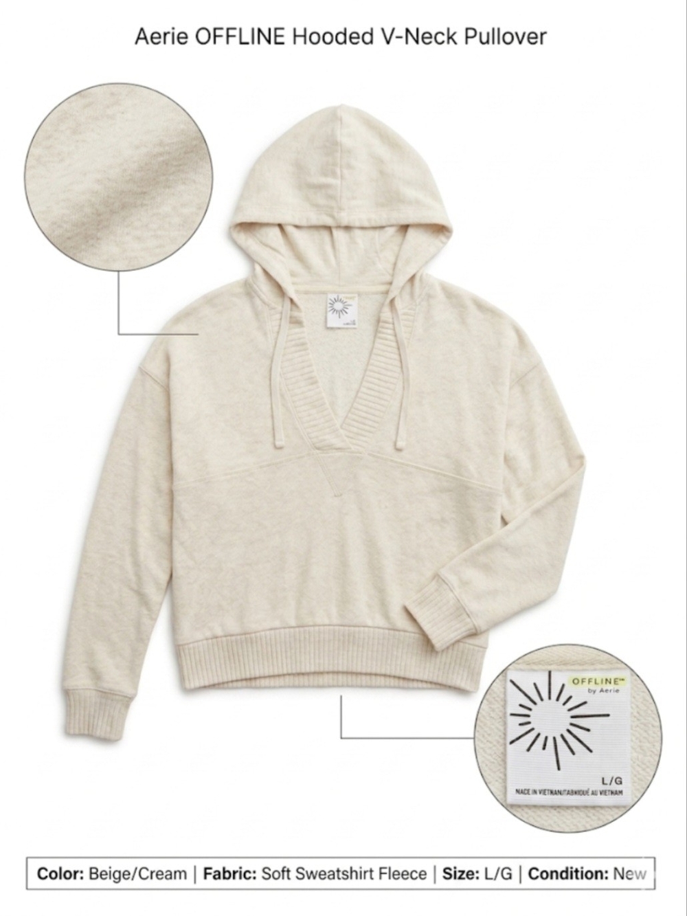 aerie OFFLINE Hooded V-Neck Pullover Sweater - Beige/Cream